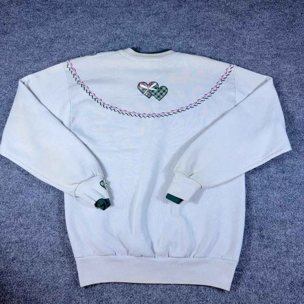 Vintage Jerzees Heart Applique Sweatshirt Cream Green Distressed 90s USA Medium